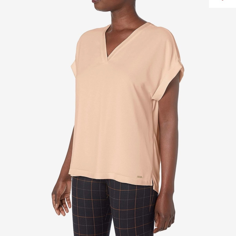 NEW Calvin Klein Mixed Fabric Short Sleeve Layered Top Peach SZ 1X
